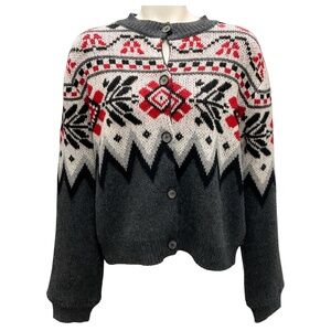 MAGDA BUTRYM CHARCOAL GREY / RED MULTI FAIRISLE KNIT CARDIGAN SWEATER